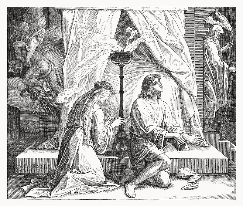 托拜厄斯和萨拉(Tobias and Sarah, Tobit 8,4 -6)，木版画，1860年出版